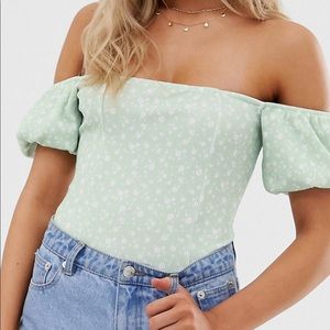 ASOS Floral Puff Sleeve Bardot Bodysuit